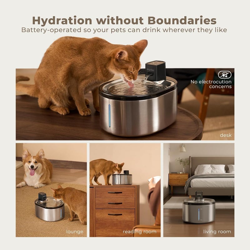 smartoo Wireless Cat Water Fountain Stainless Steel, 152oz/4.5L Cat Fountain Battery Operated, Cordless Pet Water Fountain for Cats & Dogs with Motion Sensor, Ultra Quiet Pump, 6 Filters - Image 2